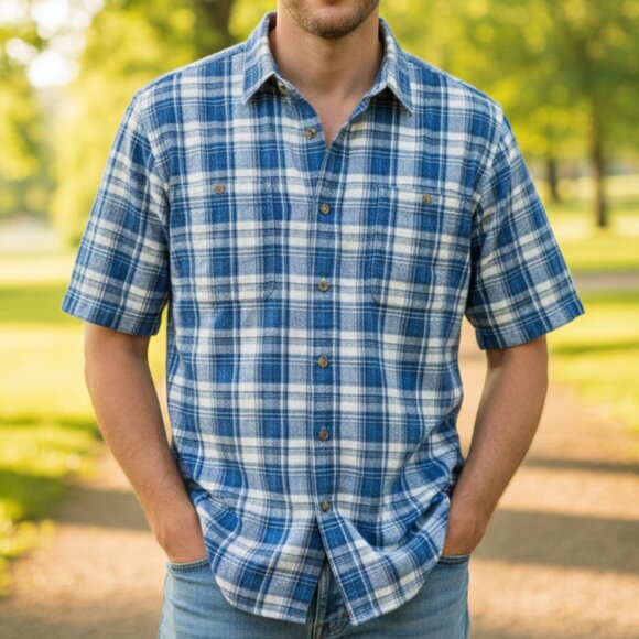 Duluth FOM Hemp Shirt Mens 2XL Blue Plaid Short Sleeve Button Down 42512 Casual - Picture 1 of 8